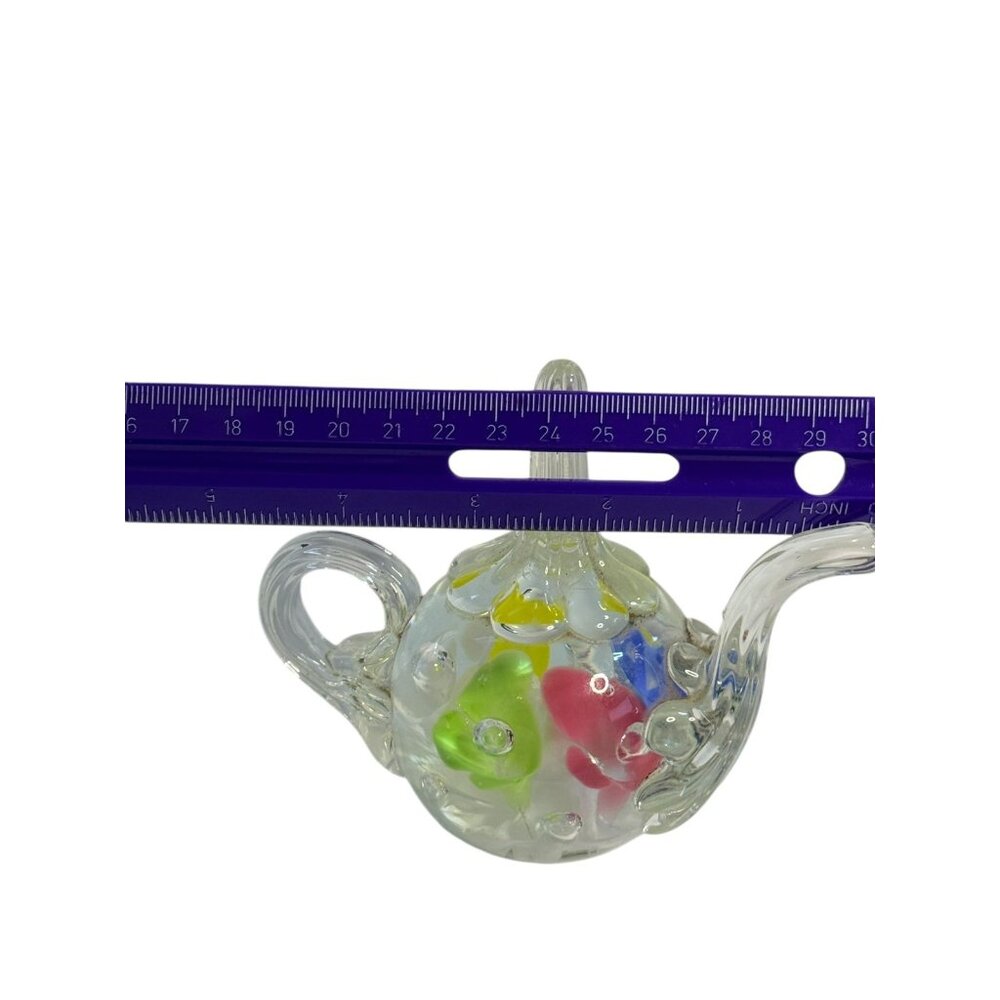 Vtg Joe St Clair‎ art glass teapot paperweight ring holder Pastel flowers - Picture 10 of 11